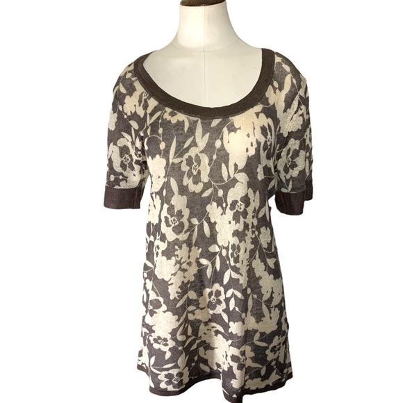alexandra Bartlett Linen Knit Shirt Brown Floral Sz L Short Sleeves Earth Tone - Picture 1 of 10